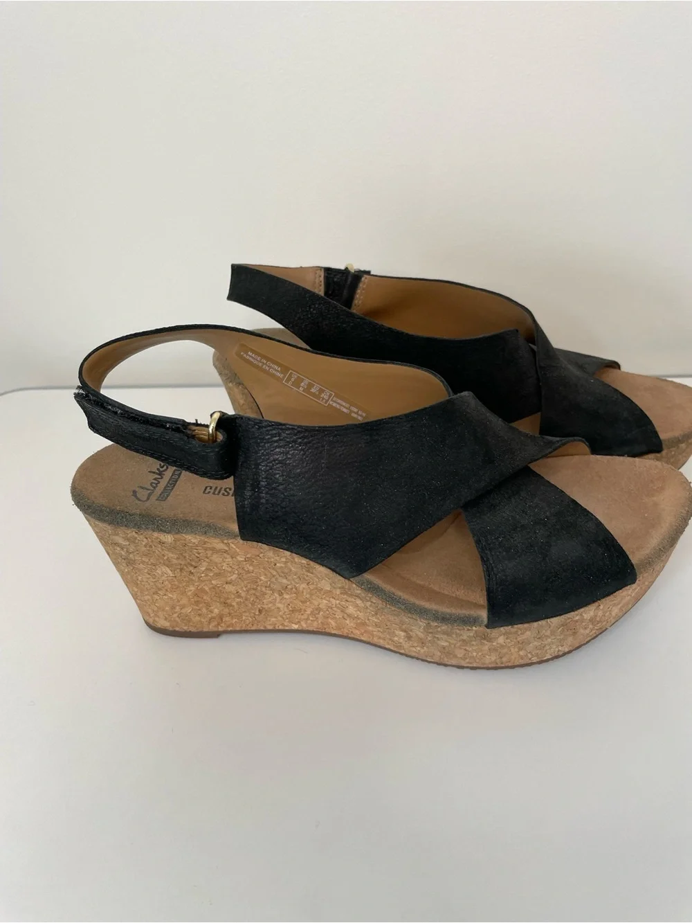 Clarks Black Suede Crisscross Slingback Wedges